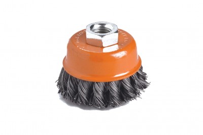 Escova de aço tipo copo com arame torcido e base laranja