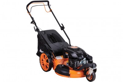 Aparelho de cortar relva a gasolina preto e laranja com saco coletor