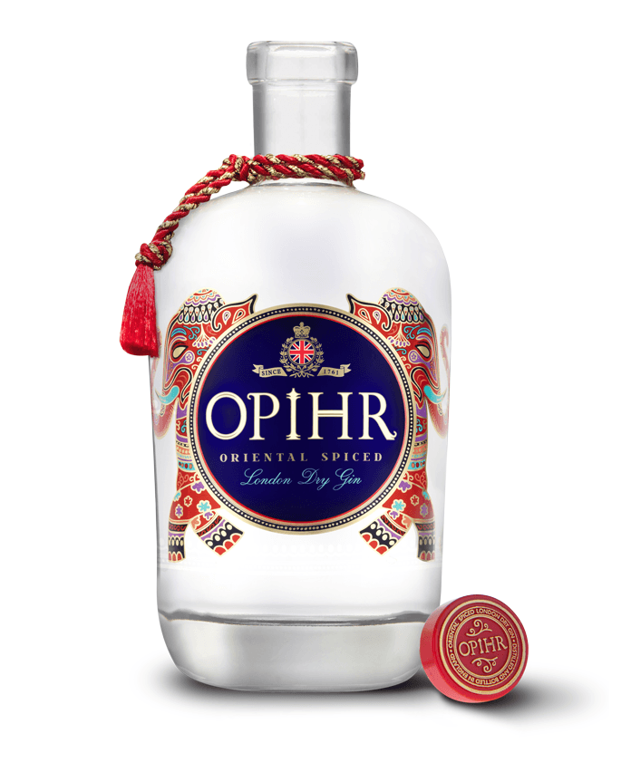 Opihr Spices of the Orient Gin Garrafa de gin OPIHR London Dry Gin com cordão vermelho e dourado