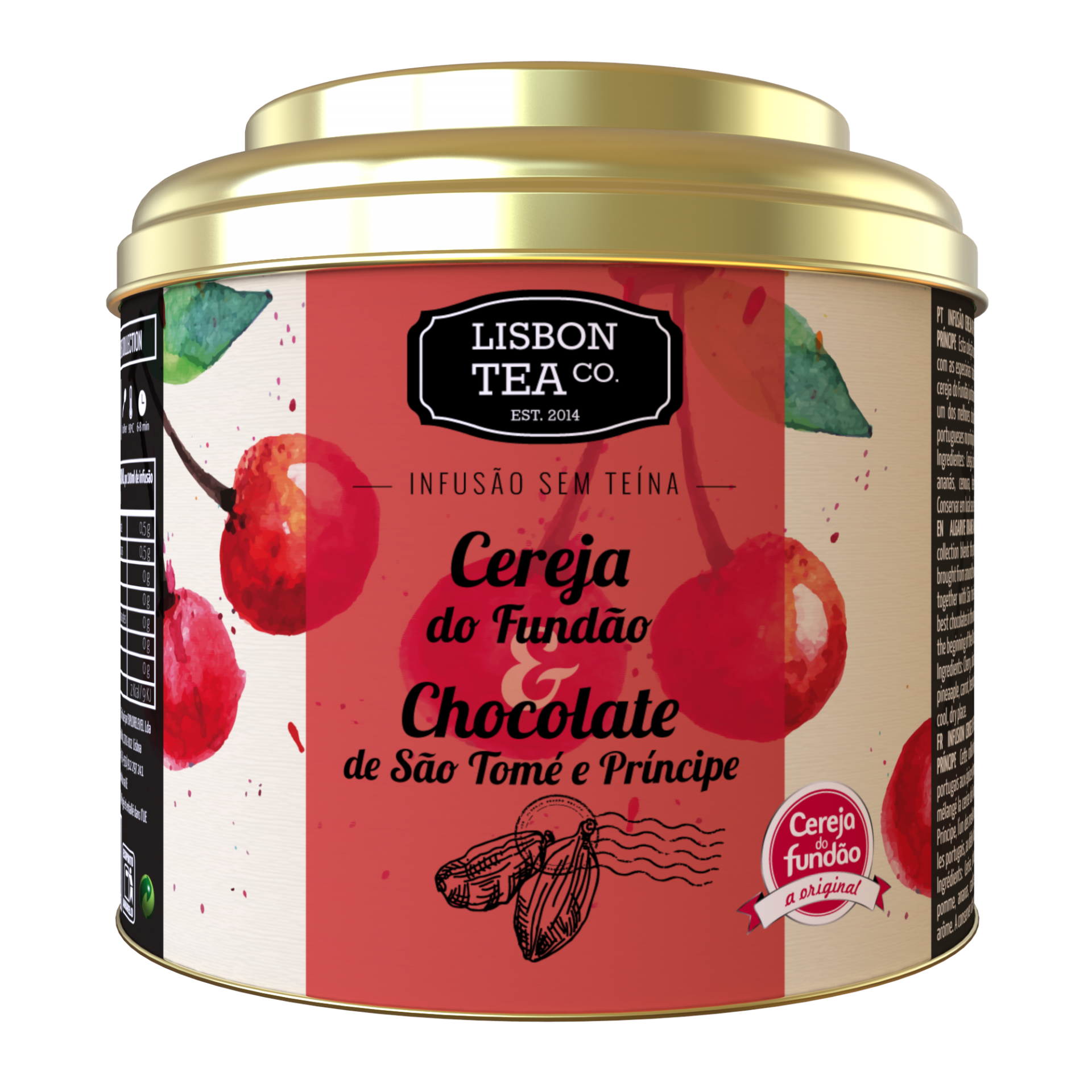Lisbon Tea Cereja & Chocolate Infusão Lata metálica de chá Lisboa Tea Co. com rótulo de cereja e chocolate