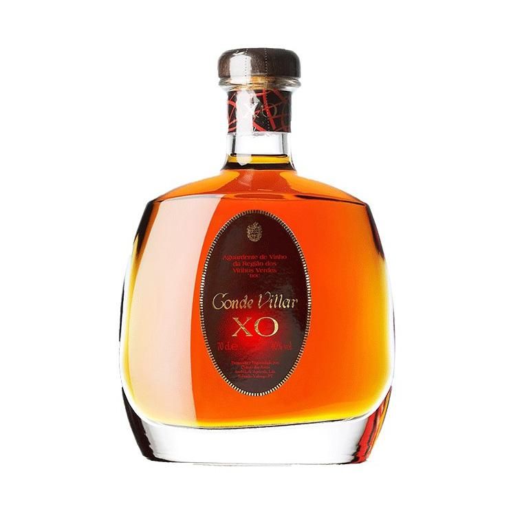 Conde Villar XO Aguardente Vínica de Vinho Verde DOC Garrafa de licor Conde Villar XO âmbar com rótulo vermelho