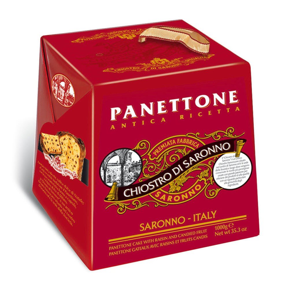 Panettone Chiostro di Saronno Bolo Italiano de Natal Embalagem vermelha de Panettone Chiostro di Saronno com texto e imagem decorativa.