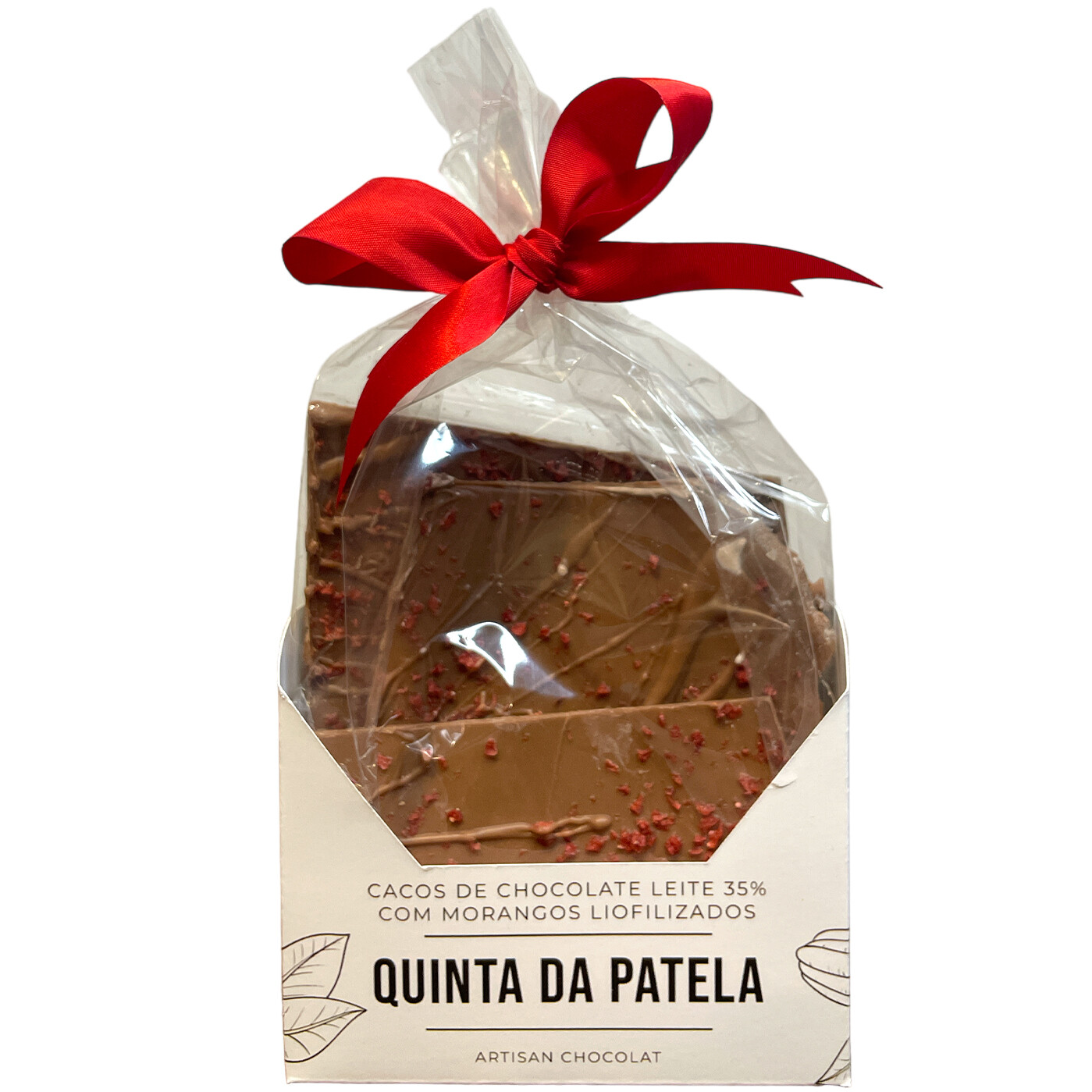 Quinta da Patela Cacos de Chocolate Leite 35% com Morango Chocolate de leite com morangos liofilizados em embalagem decorativa