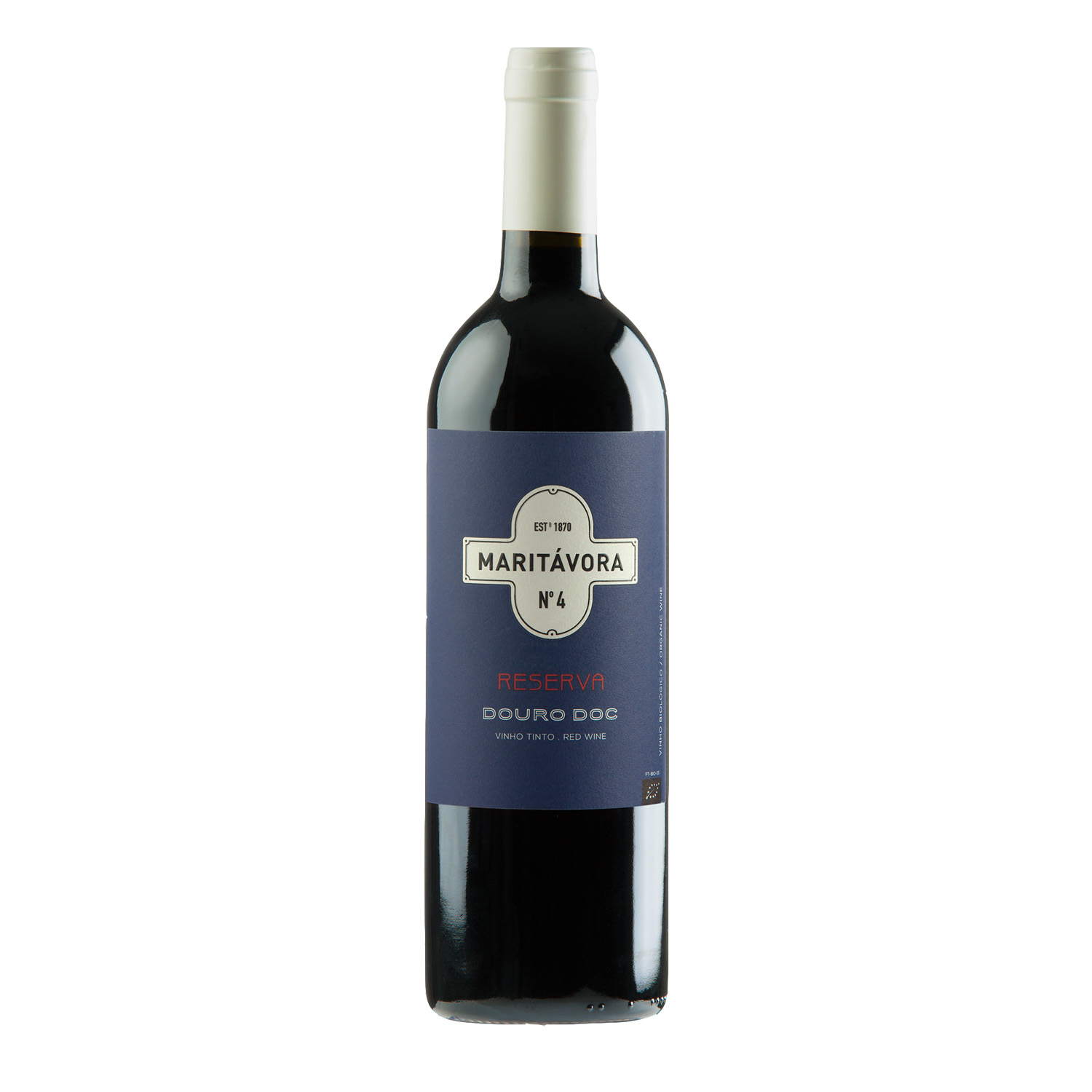 Maritávora Nº4 Reserva 2017 Vinho Tinto Biológico Douro DOC Garrafa de vinho tinto MARITÁVORA Nº4 RESERVA DOURO DOC com rótulo azul