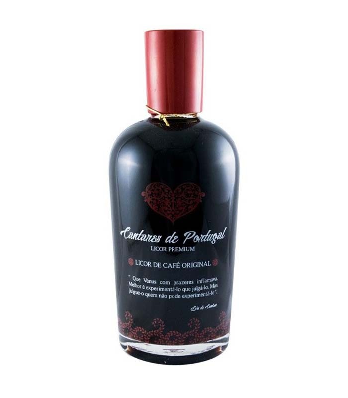 Cantares de Portugal Licor de Café Licor Garrafa de licor preta com tampa vermelha e rótulo com texto em português