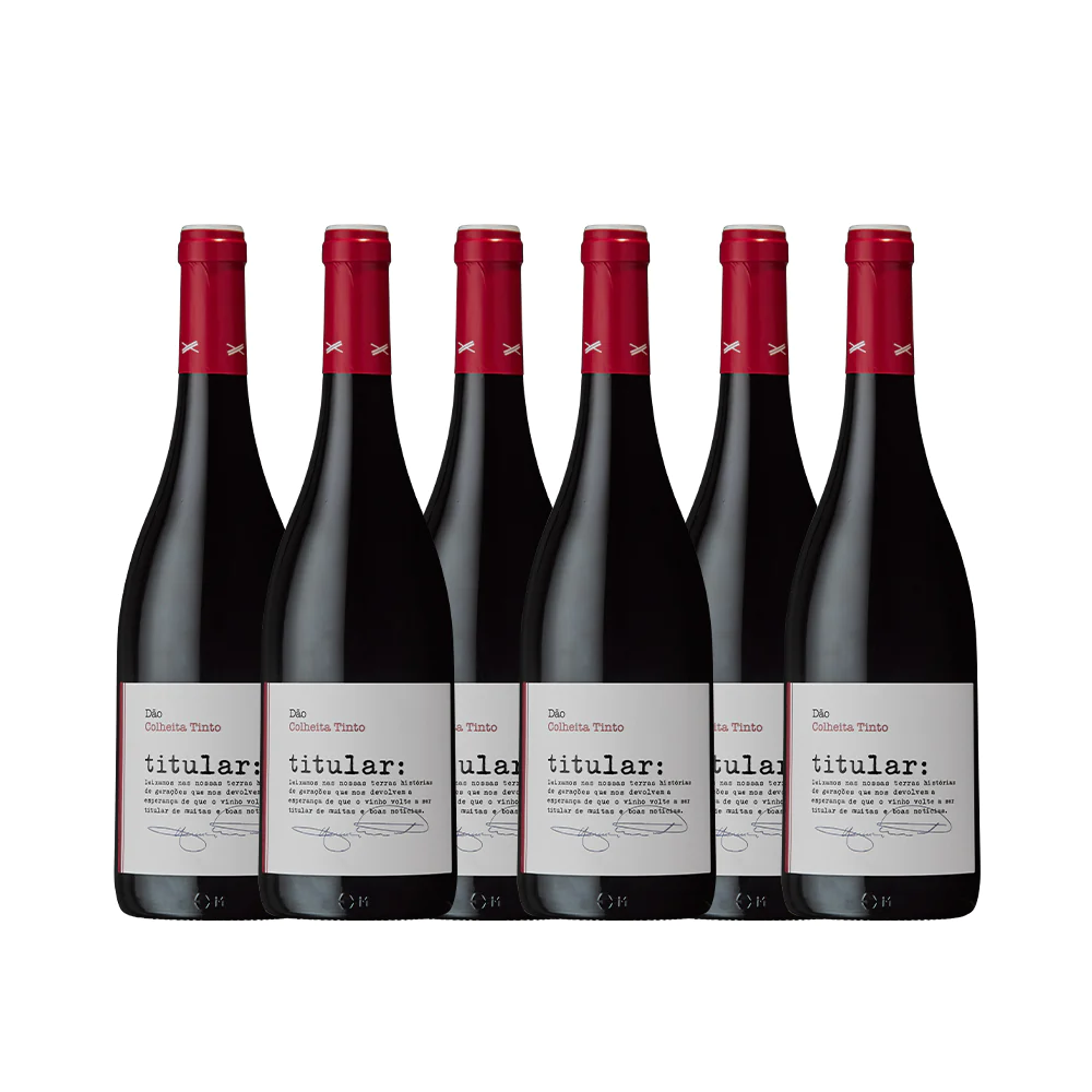 Conjunto Caixa Cartão 2 Garrafas Titular Colheita Tinto 2019 Vinho Tinto Dão DOC Seis garrafas de vinho tinto com rótulo branco e cápsulas vermelhas