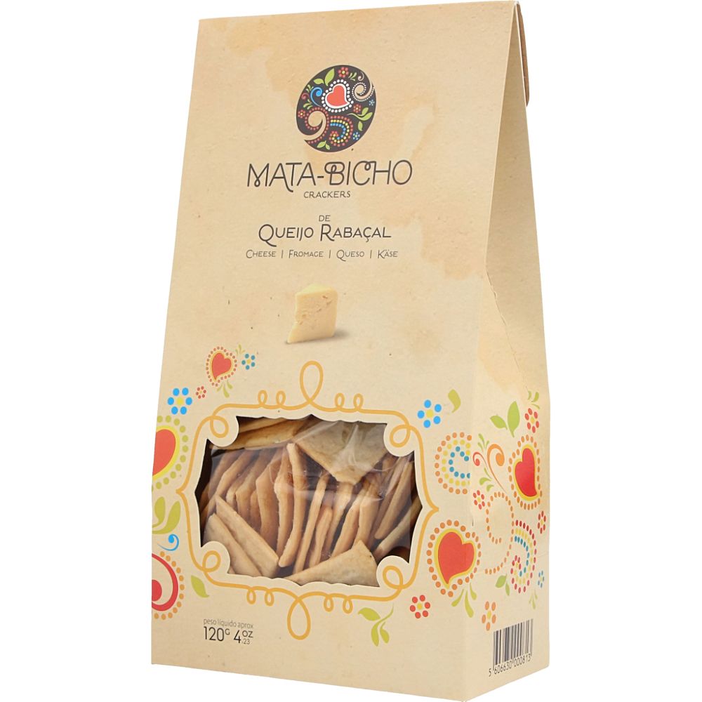 Mata-Bicho Crackers de Queijo do Rabaçal Bolacha Salgada Embalagem de crackers de queijo MATA-BICHO com padrão floral e coração