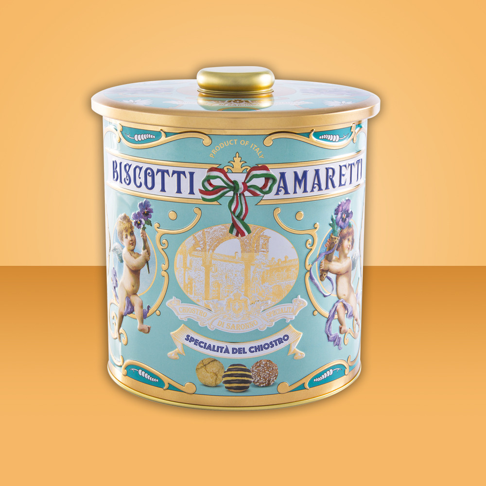 Lata Vintage Amarettis Crocantes Chiostro di Saronno Lata azul clara com acabamento dourado e imagens de anjos contendo biscoitos