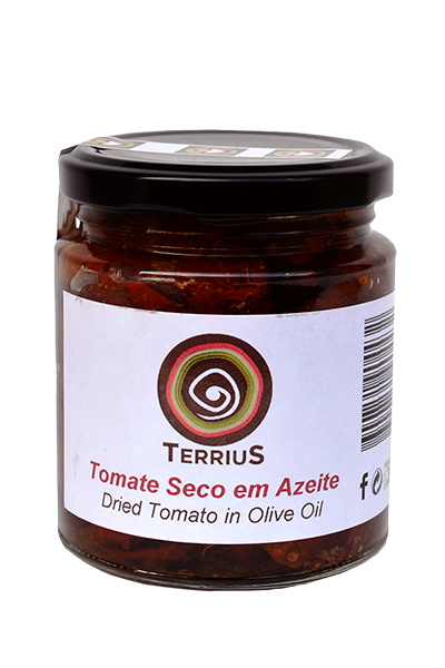 Terrius Tomate Seco em Azeite Frasco de tomate seco em azeite da marca TERRIUS com rótulo branco e tampa preta