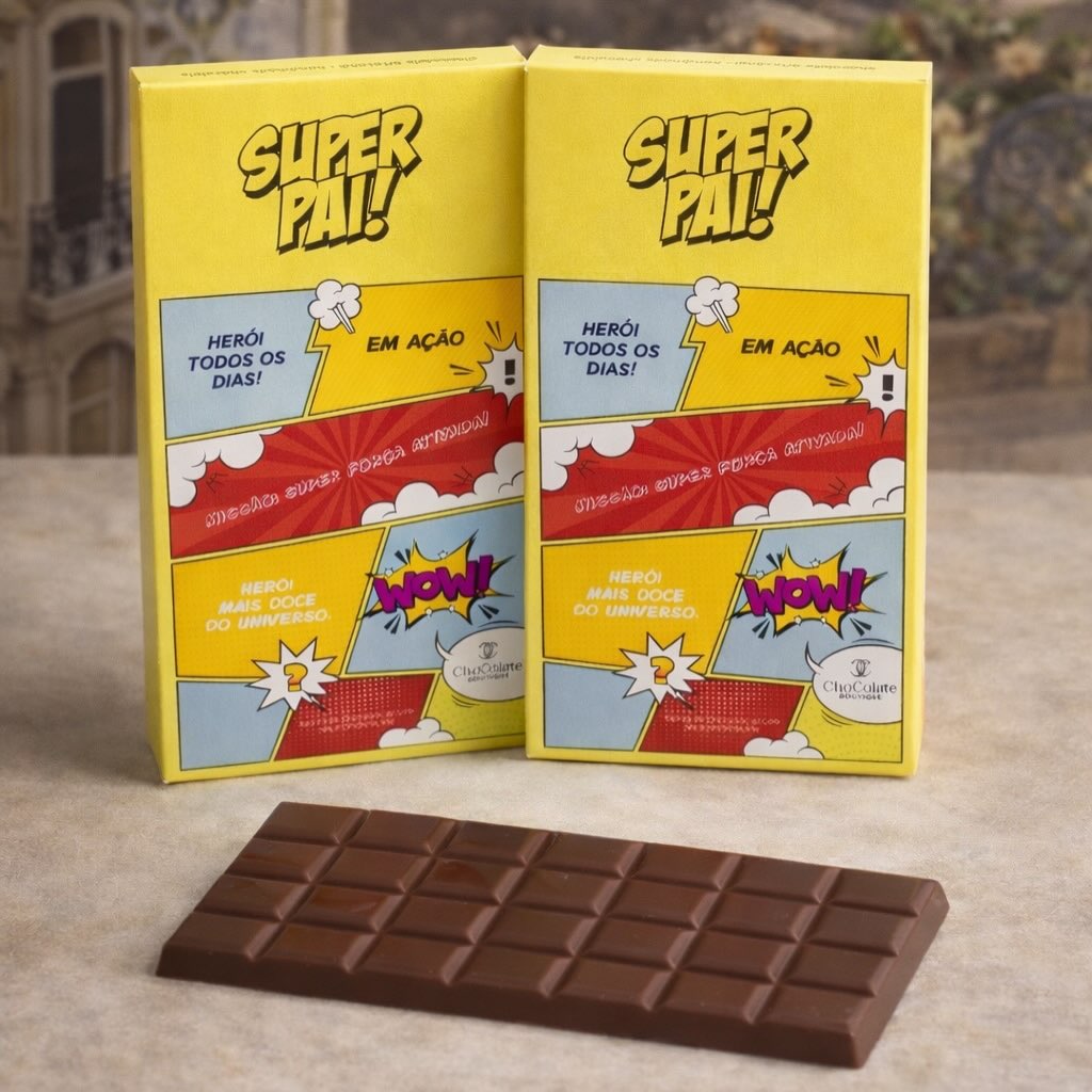 Maria Chocolate Tablete de Chocolate de Leite "Super Pai" Chocolate Fabrico Artesanal Duas caixas amarelas de chocolate com design de banda desenhada e uma barra de chocolate castanha em primeiro plano