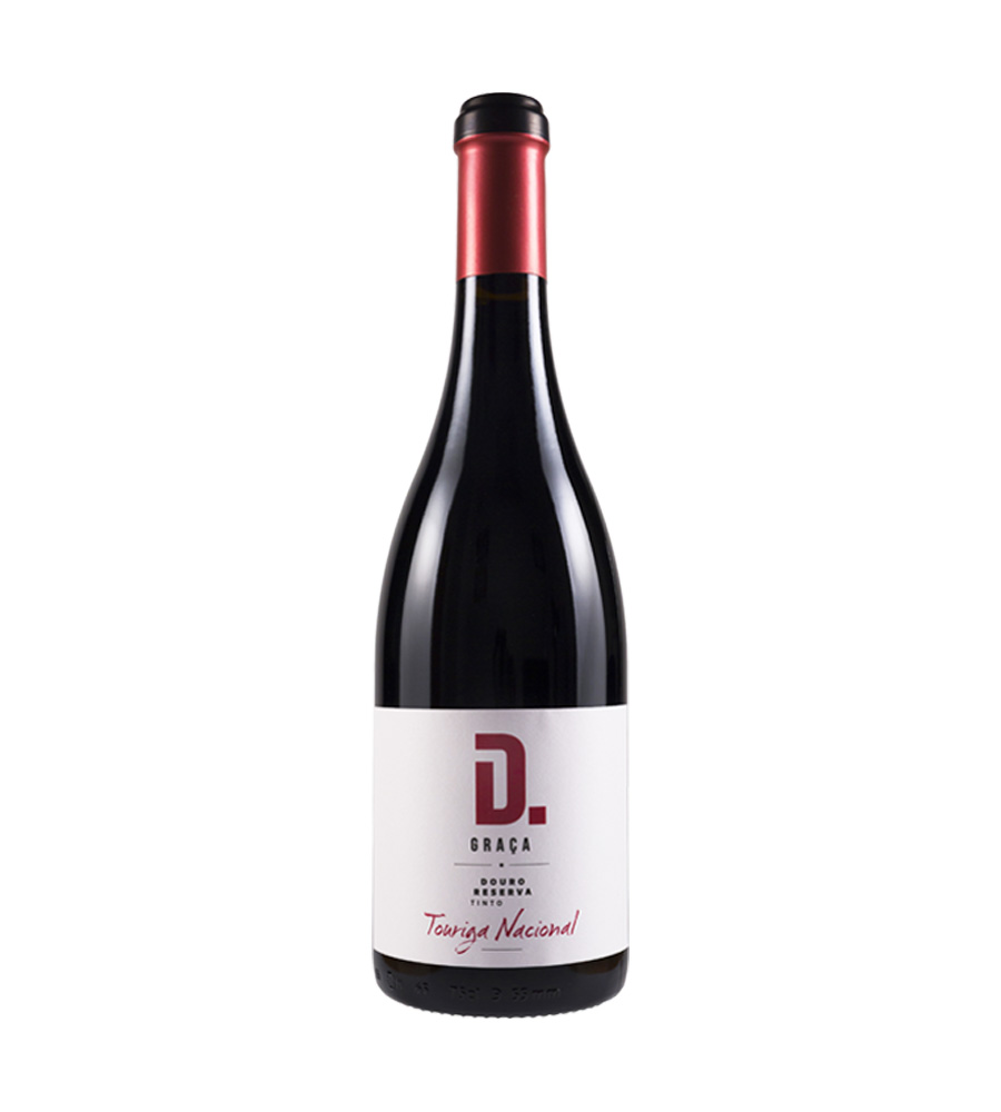 D. Graça Reserva Touriga Nacional 2015 Vinho Tinto Douro DOC Garrafa de vinho tinto com rótulo D. GRAÇA e tampa vermelha
