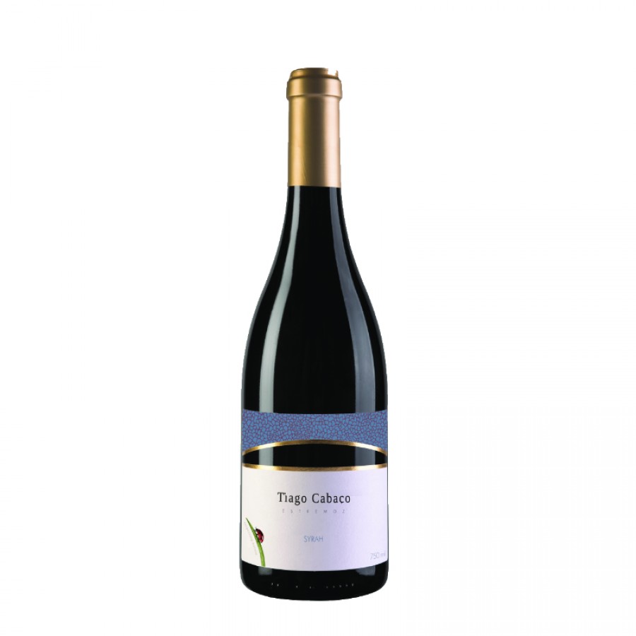 Tiago Cabaço Syrah 2023 Vinho Tinto Alentejo Garrafa de vinho Tiago Cabaco com rótulo branco e detalhe azul