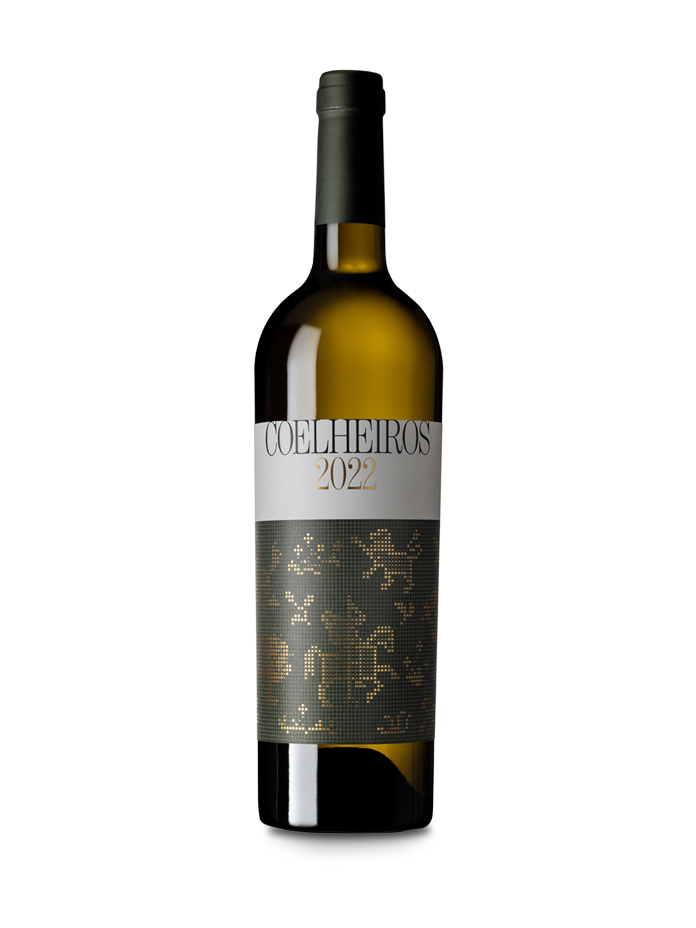 Coelheiros 2023 Vinho Branco Alentejo Garrafa de vinho branco COELHEIROS 2022 com rótulo preto e branco e padrão dourado