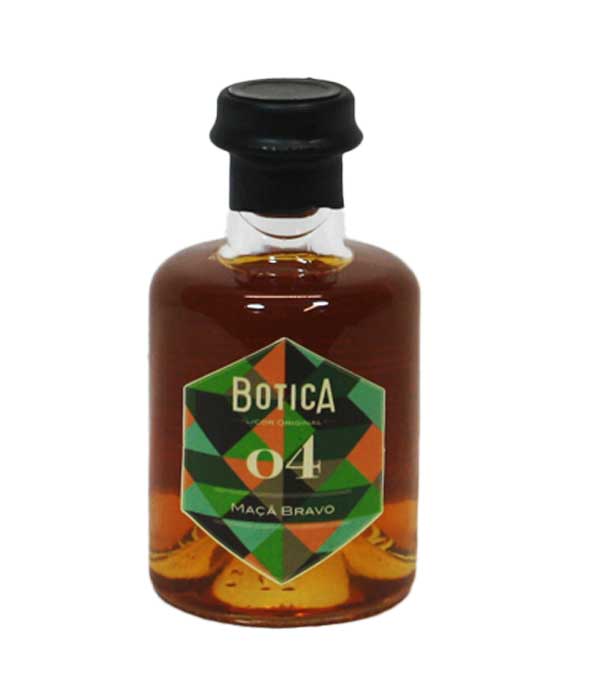 Botica Maçã "Bravo de Esmolfe" Licor Garrafa pequena com líquido e pedaços de maçã, etiqueta Botica