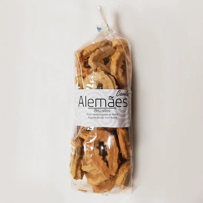 Alemães com Canela Biscoito Pacote transparente de biscoitos Alemães Canela com rótulo branco
