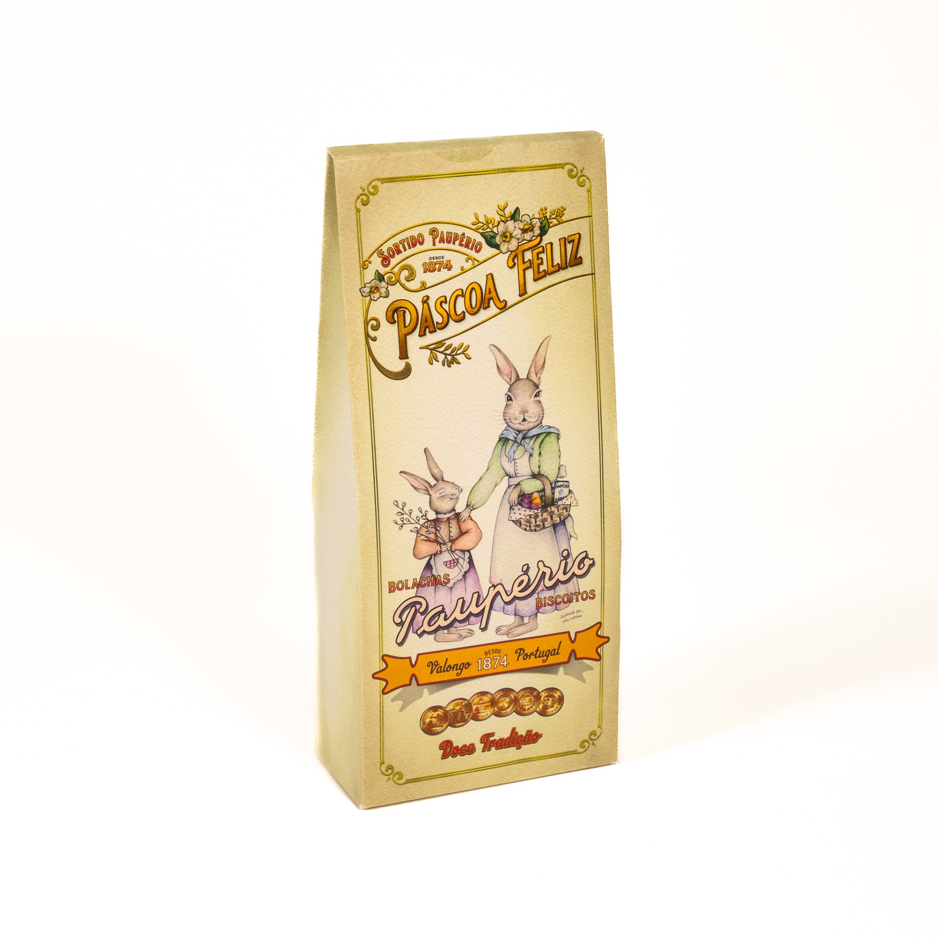 Paupério Sortido Páscoa Feliz Biscoito Embalagem de bolachas com ilustração de coelhos e texto em castelhano e português.