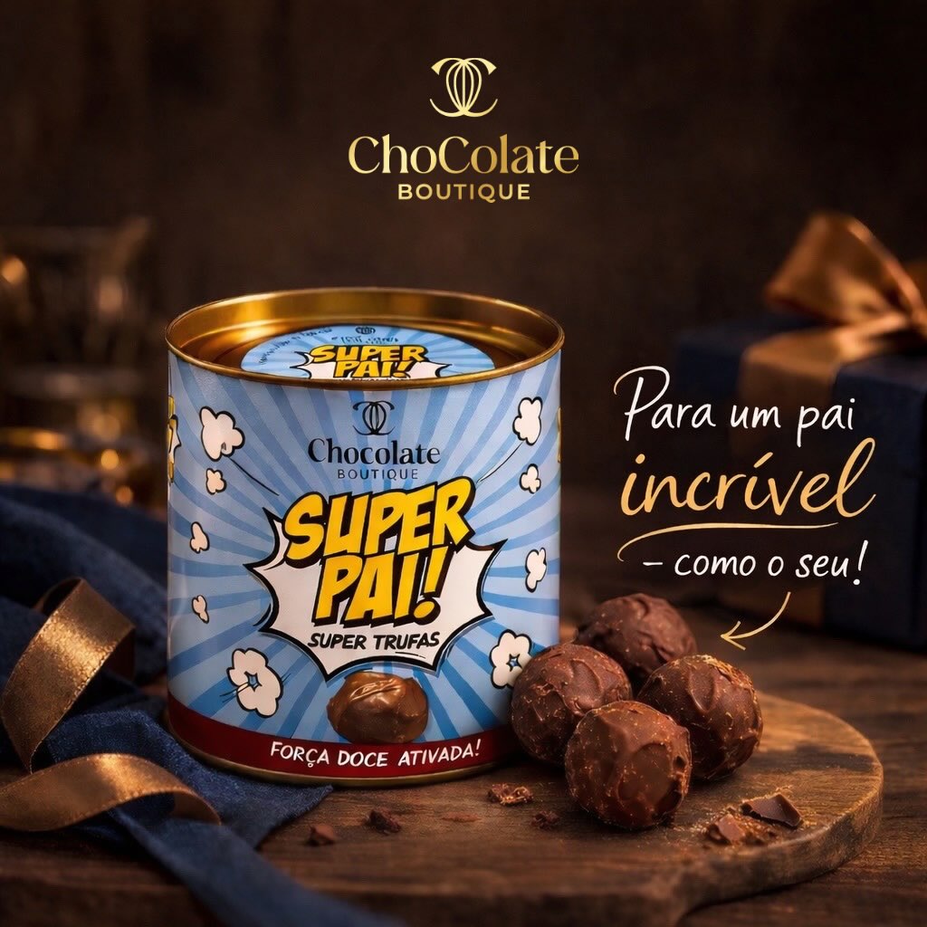 Maria Chocolate Lata de Trufas Tradicionais "Super Pai - Super Trufas" Chocolate Fabrico Artesanal Lata azul de trufas de chocolate com design SUPER PAI! e trufas em tábua de madeira