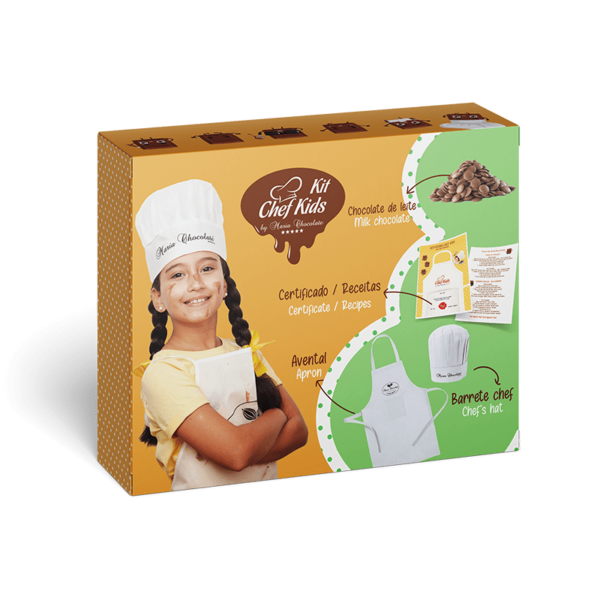 Maria Chocolate Kit Chef Kids Chocolate Fabrico Artesanal Caixa do Kit Chef Kids com avental e barrete de chef brancos e ilustrações de chocolate