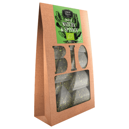 Lisbon Tea Matcha & Espinafre Infusão Saquetas Bio Caixa de chá orgânico matcha e espinafre com saquetas transparentes piramidais