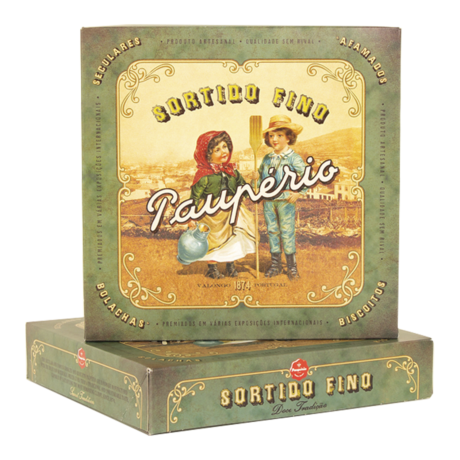 Paupério Sortido Fino Caixa 450g Biscoito Embalagem vintage verde e castanha com ilustração de duas crianças tradicionais e texto dourado Sortido Fino Taupério