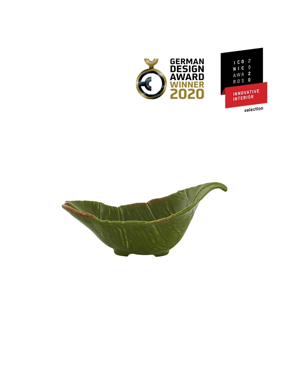 Bordallo Pinheiro Banana da Madeira - Tijela Aperitivos 28 Decoração Taça decorativa em forma de folha verde com detalhes castanho-avermelhados