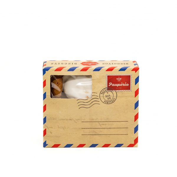 Paupério Aerograma Miúdos e Graúdos 175g Biscoito Caixa de cartão estilo envelope com janela transparente e marca Pompério