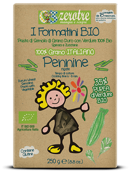 Pastine Zerotre Massa Verde Pennine Bio Caixa de massa penne orgânica com ilustração de criança e texto em verde e bege