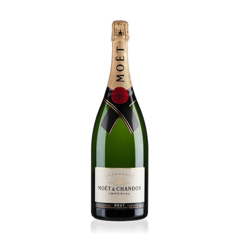 Moet & Chandon Imperial Champanhe Bruto Branco Garrafa de champanhe Moët & Chandon Impérial Brut com rótulo branco e dourado