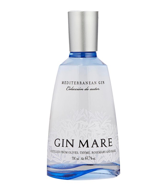 Mare Gin Garrafa de gin MARE com tampa prateada e corpo azul translúcido