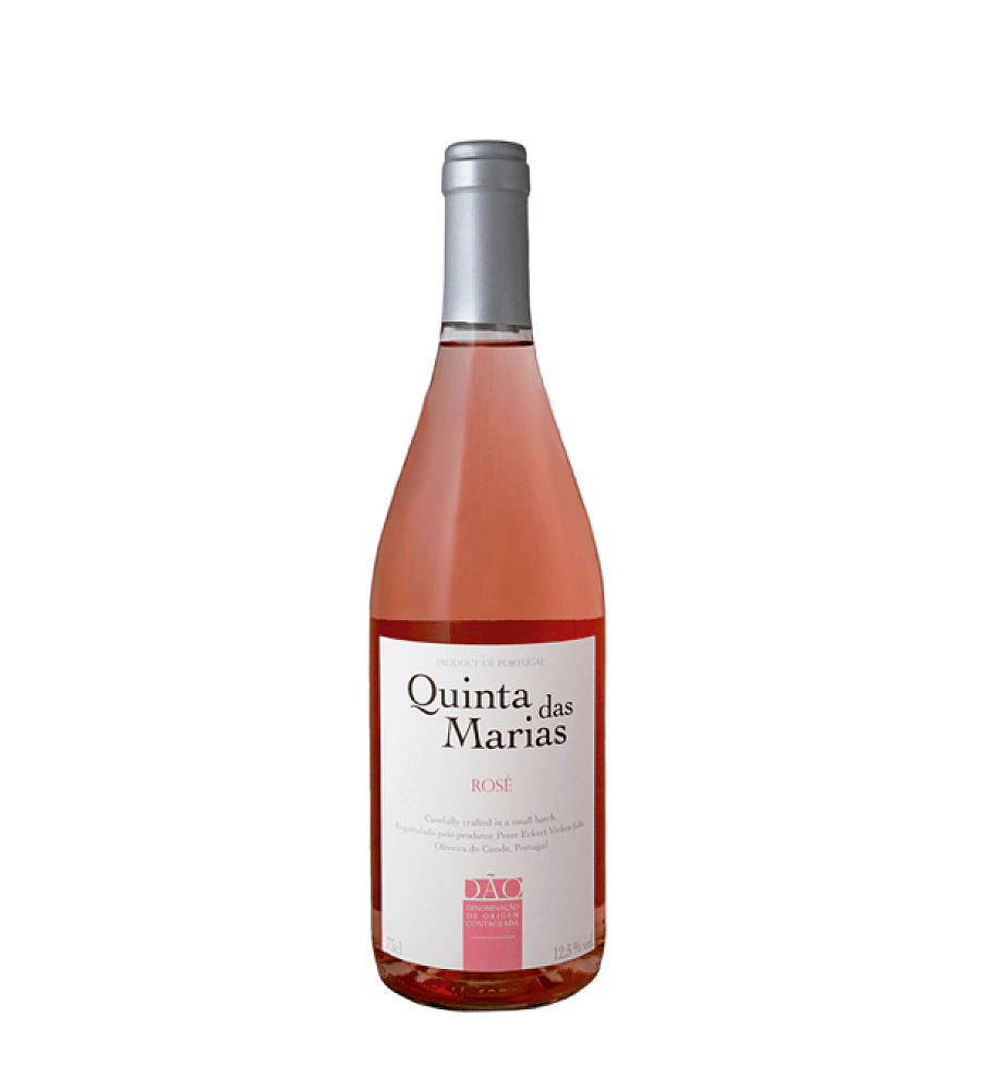 Quinta das Marias Rosé 2022 Vinho Rosé Dão DOC Garrafa de vinho rosé com rótulo branco e tampo prateado em fundo branco