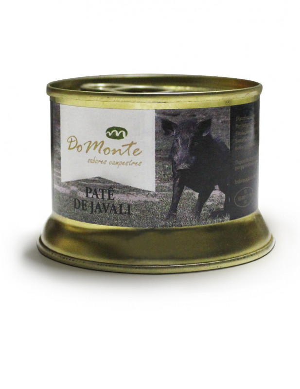 DoMonte - Sabores Campestres Patê de Javali Conservas Lata dourada de paté de javali da marca Do Monte com rótulo cinza e branco.