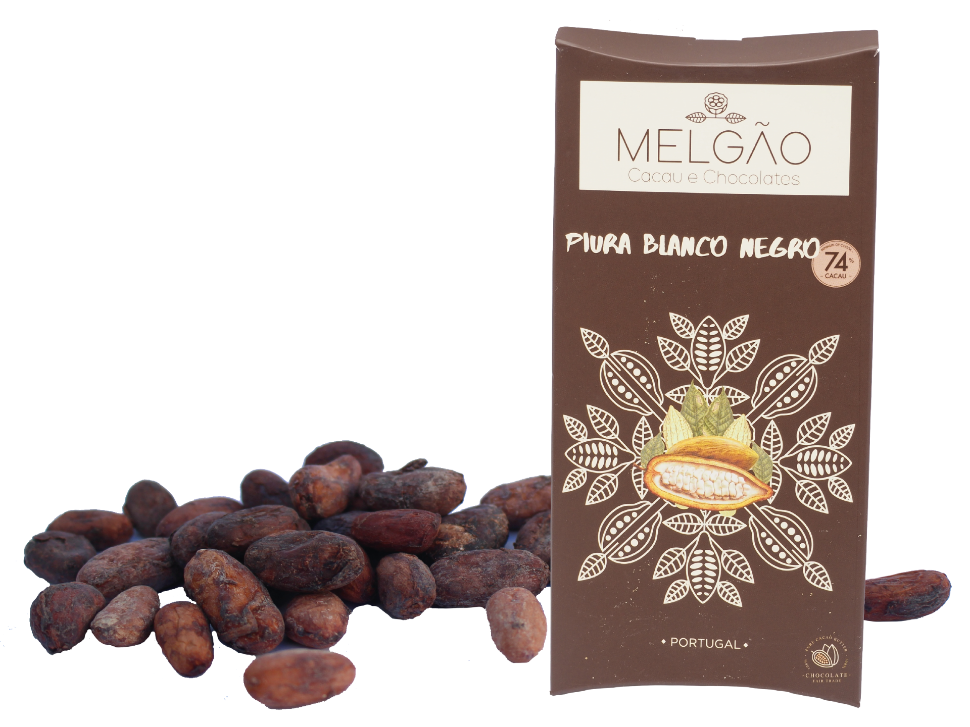 Melgão Cacau e Chocolates Tablete Chocolate Piura Blanco Negro 74% Fabrico Artesanal Embalagem de chocolate MELGÃO com grãos de cacau ao lado.