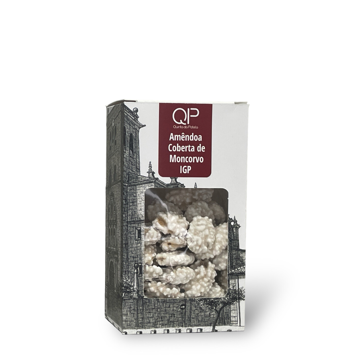 Quinta da Patela Amêndoa Coberta de Moncorvo IGP 100g Embalagem de amêndoas cobertas de açúcar branca e castanha com desenho arquitetónico