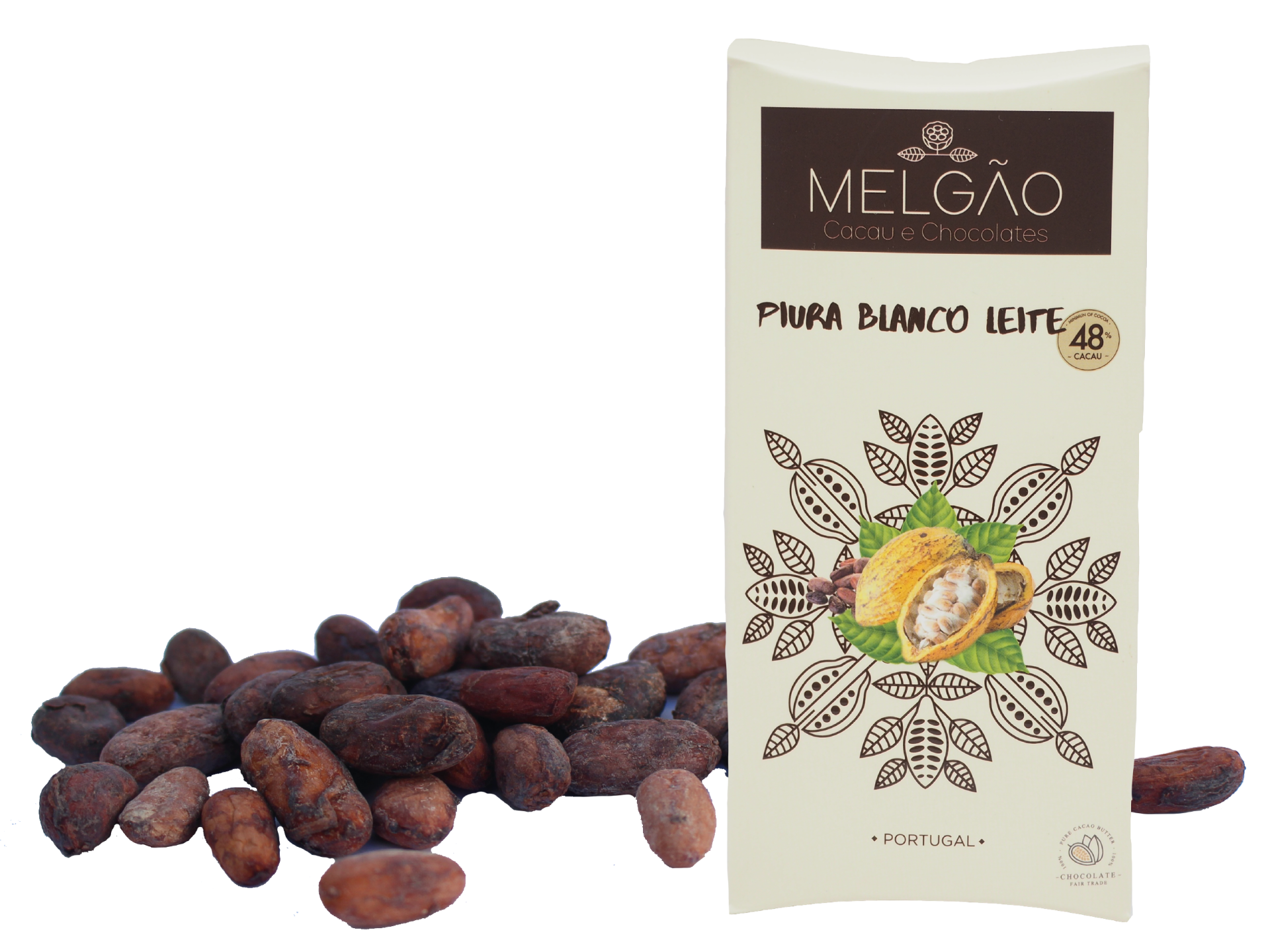 Melgão Cacau e Chocolates Tablete Chocolate Piura Blanco Leite 48% Fabrico Artesanal Embalagem branca de chocolate Melgão Piura Blanco Leite 48% cacau junto a vagens de cacau marrons