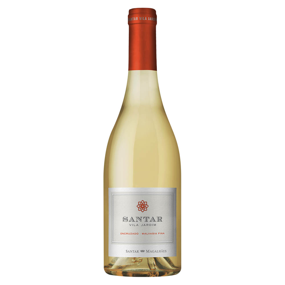 Santar Vila Jardim Encruzado / Malvasia Fina 2021 Vinho Branco Dão DOC Garrafa de vinho branco Santar com rótulo branco e tampa laranja