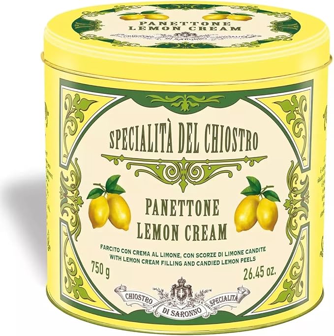 Panettone Lata Sara Creme de Limão Chiostro di Saronno Lata amarela decorativa de panettone lemon cream com limões e texto em italiano e inglês