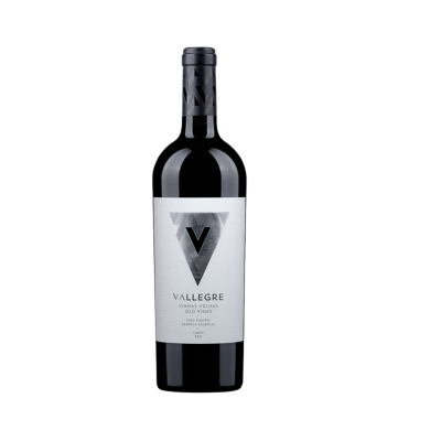 Garrafa de vinho tinto Vallegre com rótulo branco e texto em preto