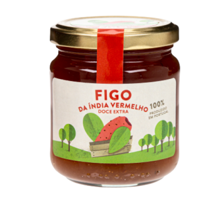 Frasco de doce de figo da índia vermelho com etiqueta branca e tampa dourada