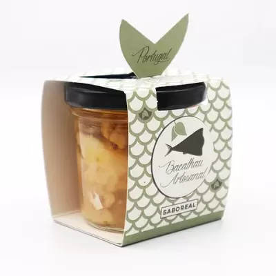 Frasco de bacalhau artesanal com embalagem decorativa verde e branca