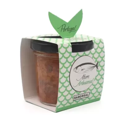 Vaso de atum artesanal da marca SABOREAL em caixa verde com padrão de escamas