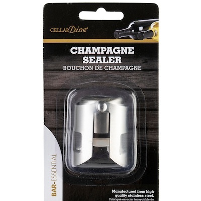 Vedante de champanhe em aço inoxidável na embalagem com texto em fundo preto