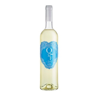 Garrafa de vinho branco com rótulo azul e branco