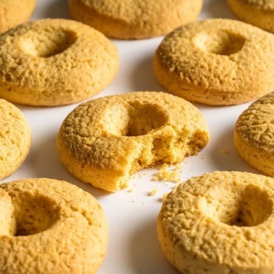 Bolachas amarelas em forma de rosca com uma mordida e migalhas sobre superfície branca