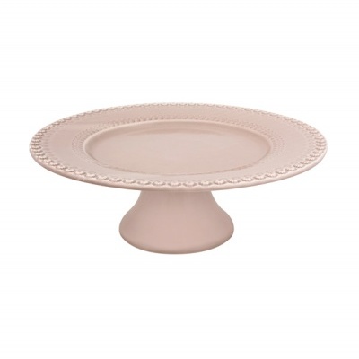 Suporte para bolo cor-de-rosa em cerâmica com base larga e borda decorativa