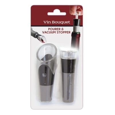 Conjunto para vinho com doseador e tampa de vácuo em embalagem de plástico