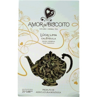 Pacote de chá herbal Amor de Biscoito com infusão de Lúcia-Lima e Calêndula