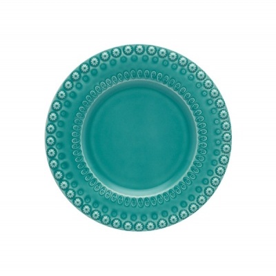 Prato redondo de cerâmica turquesa com padrão decorativo na borda