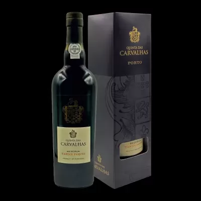 Garrafa de vinho do Porto Quinta das Carvalhas Reserva Tawny com caixa cinzenta