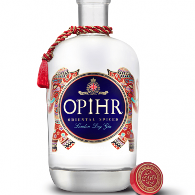Garrafa de gin OPIHR London Dry Gin com cordão vermelho e dourado