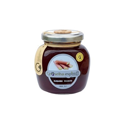 Frasco de compota de ruibarbo com rótulo azul e tampa metálica
